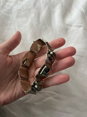 Rare Vintage Silver Mexicana Aztec Bracelet - Iridescent Green/Blue Inlay